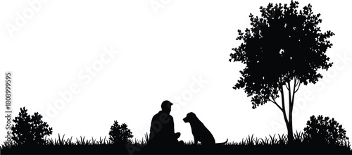 Black silhouette of man sitting with pet dog under tree in grassy nature park, isolated on white background, vector illustration of friendship and loyalty