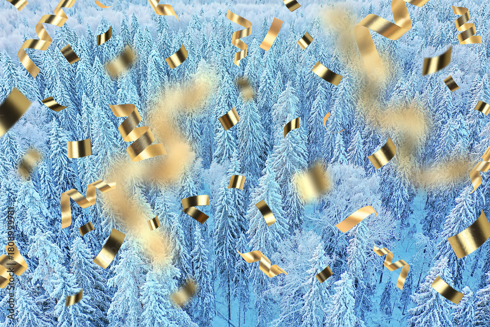 Fototapeta premium christmas confetti holiday background, winter landscape outdoor, new year
