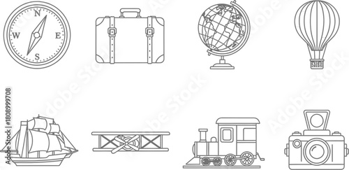 Vector art of a collection of travel and adventure icons