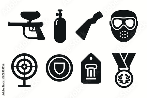 Paintball equipment icons set with mask, gun, target, and medal symbols in black silhouette style