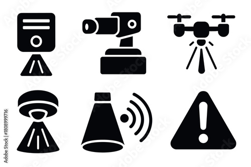 Silhouette icons of modern security technology and surveillance devices