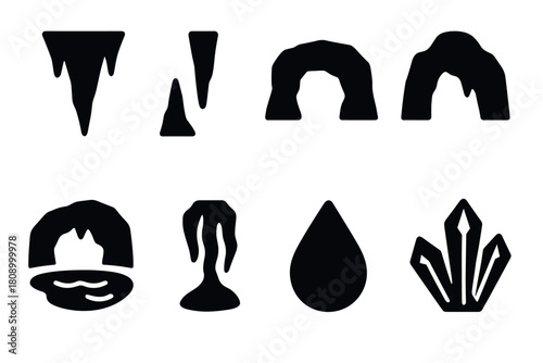 Geometric cave silhouettes and natural elements collection