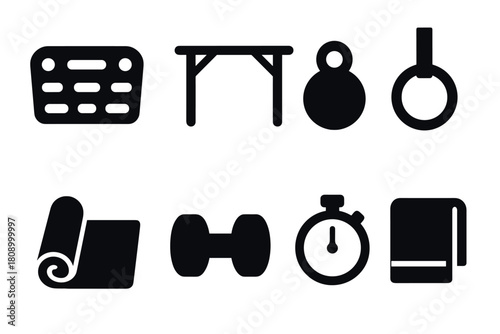 Minimalistic fitness equipment icons set for gym and workout designs