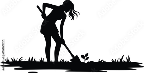 Vector silhouette of woman gardening and digging soil with shovel to plant a small tree isolated on white background