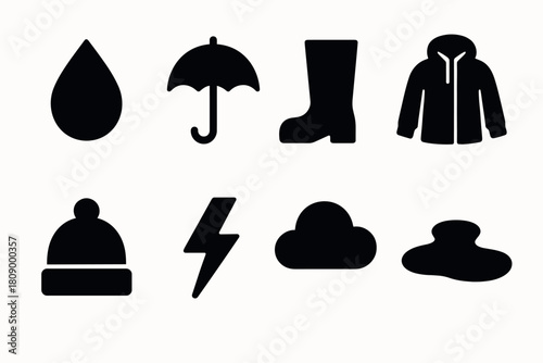 Weather silhouette icons: rain gear and storm symbols for seasonal designs