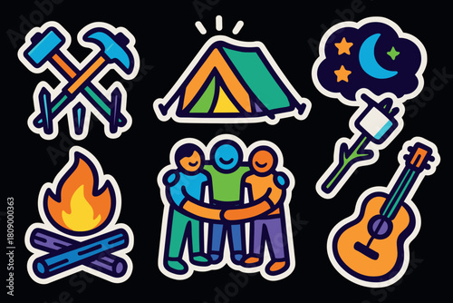 Colorful camping stickers with tent, campfire, and musical elements on black background