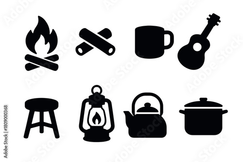 Camping icons: fire, acoustic guitar, mug, lantern, kettle, cookware, stool in silhouette style
