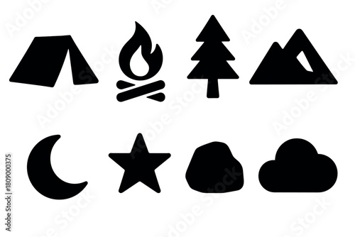 Nature camping icons: tent, campfire, trees, mountains, moon, star, rock, cloud