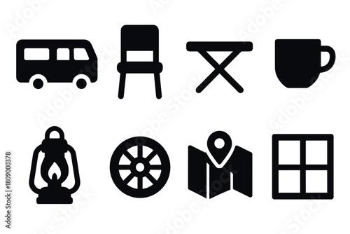 Silhouette icons of camping gear and home essentials