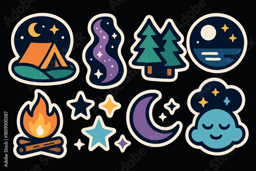 Camping adventure badges: night sky, campfire, and nature elements