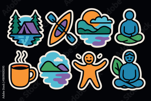 Outdoor adventure and wellness sticker pack with nature and meditation designs