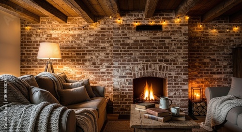 Cozy living room with fireplace and rustic brick wall at warm lighting