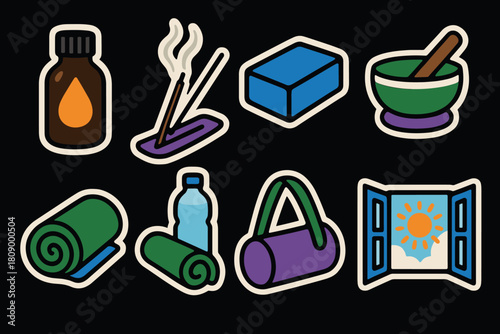 Wellness and relaxation icons featuring yoga, meditation, and aromatherapy elements