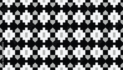 A seamless black-and-white geometric pattern featuring repeating pixel-style shapes arranged in a symmetrical grid. The design includes cross-like white forms surrounded by dark contrasting elements