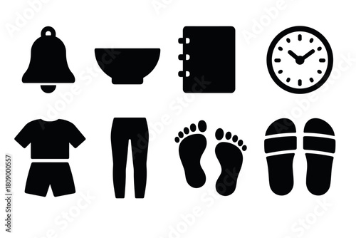 Essential everyday icons: clothing, time, food, and casual footwear silhouettes