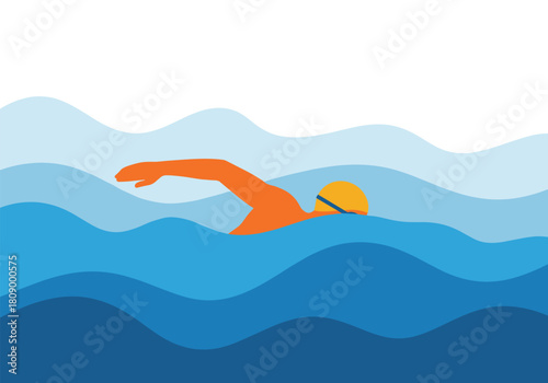 Colorful flat design of swimmer in ocean waves
