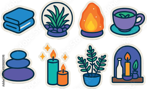 Cozy wellness icons: spa, relaxation, and self-care essentials in bold outlines