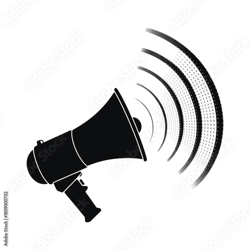 A black silhouette of a megaphone with concentric sound waves emanating from it, isolated on, creating a bold and graphic illustration