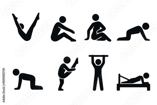 Diverse pilates and gym exercises in simple black silhouette style