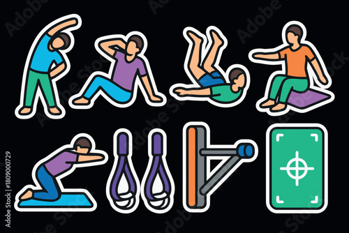 Colorful sticker set of yoga and exercise poses with equipment on black background