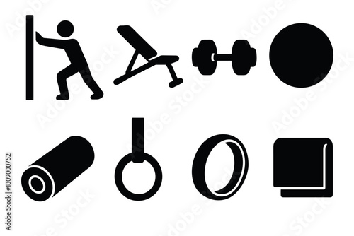 Silhouette gym equipment icons: dumbbell, bench, rings, and more for fitness design