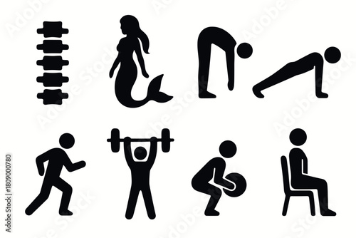 Silhouette icons of exercise, yoga, and daily activities for health and fitness