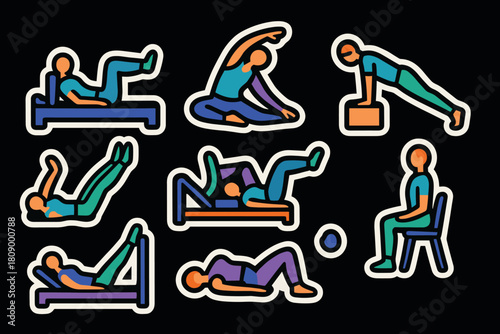 Flat outline icons of diverse exercise and fitness poses with vibrant colors