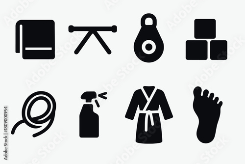 Minimalist black icons set for gym and spa equipment