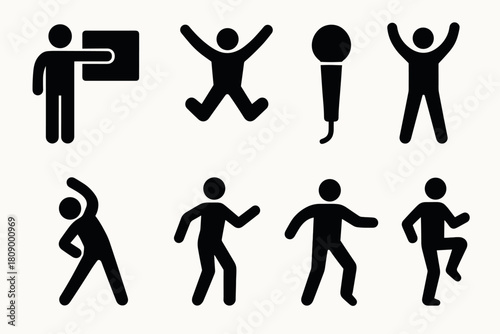 Silhouette icons of singing and dancing figures with microphone