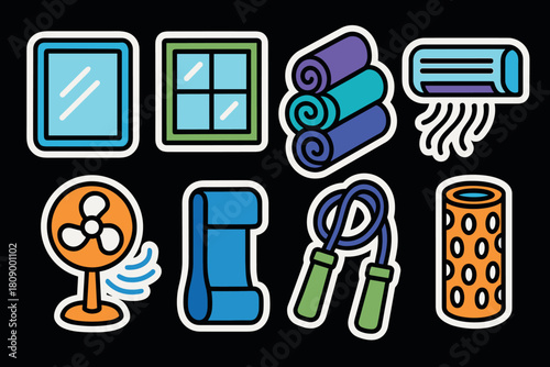 Colorful fitness and home equipment icon set on black background