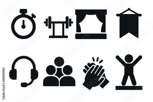 Set of black silhouette icons featuring fitness, theater, communication, and celebration