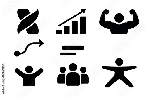 Set of silhouette icons representing growth, fitness, and teamwork