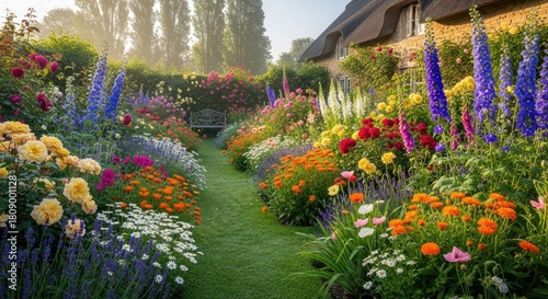 Lush flower garden with cottage and bench in the background view