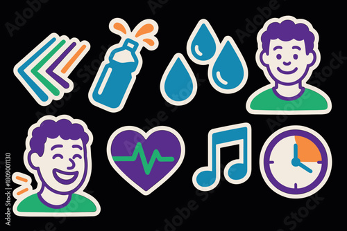 Colorful sticker style emojis with health and wellness icons