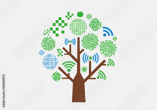 Digital tree of technology with nature elements using circuit and binary design