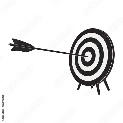 A black and white target with an arrow in the bullseye isolated on, symbolizing accuracy, focus, and achievement of a goal