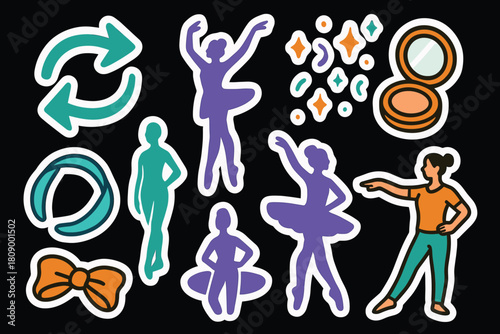 Playful dance stickers: ballet and jazz dancers on black background
