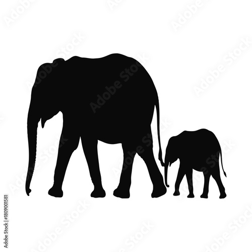 A silhouette of an elephant family isolated on, featuring a mother and baby, representing family, protection, and the bond between generations