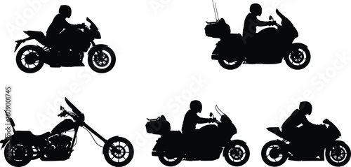 Motorcycle silhouette set, rider posture, sport touring cruiser bike, black vector illustration, chopper design, helmet riding concept art