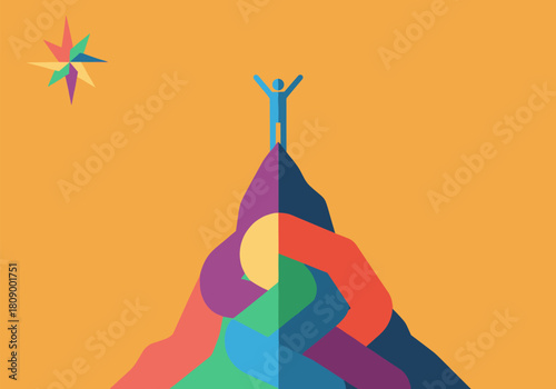 Motivational journey: colorful paths to success on mountain summit