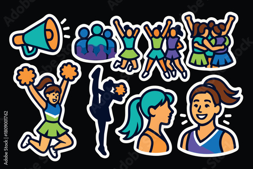 Cheer squad celebration sticker set with colorful outlined graphics