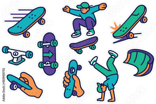 Colorful skateboarding stickers with dynamic cartoon characters and elements