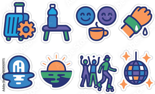 Colorful travel and leisure icons with gradient outline style