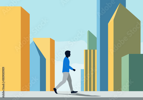 Urban stroll amidst geometric skyline in vibrant flat style