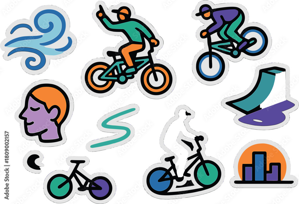 Fototapeta premium Trendy urban bicycle sticker set with colorful cyclist and city icons