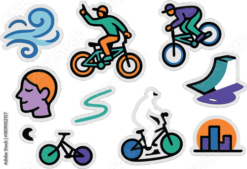 Trendy urban bicycle sticker set with colorful cyclist and city icons