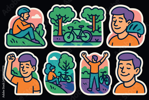 Outdoor adventure with cycling and nature: cartoon character explores scenic trails