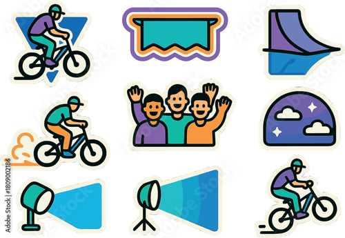 Colorful sticker set with cyclists, banner, skate ramp, camera and group of friends