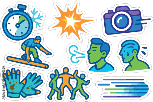 Dynamic winter sports and actions: colorful sticker collection with sporty and expressive themes