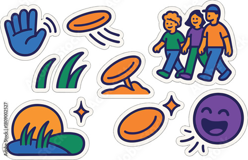 Playful outdoor activity stickers with cartoon family and sunset